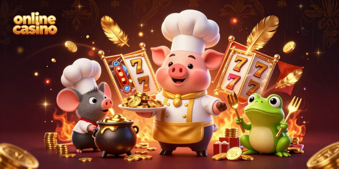 Experience the thrill of an online casino with a chef pig serving gold coins surrounded by vibrant gaming elements.