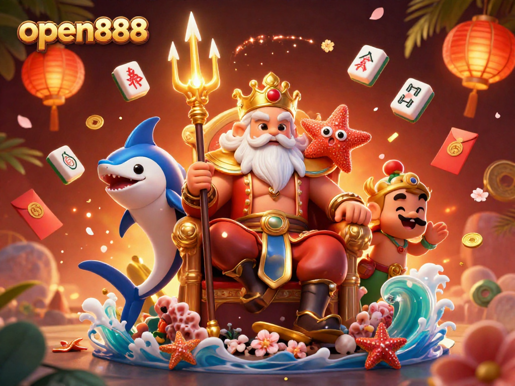 Experience the thrill of open888 with Neptune and treasures in this vibrant casino-themed illustration.