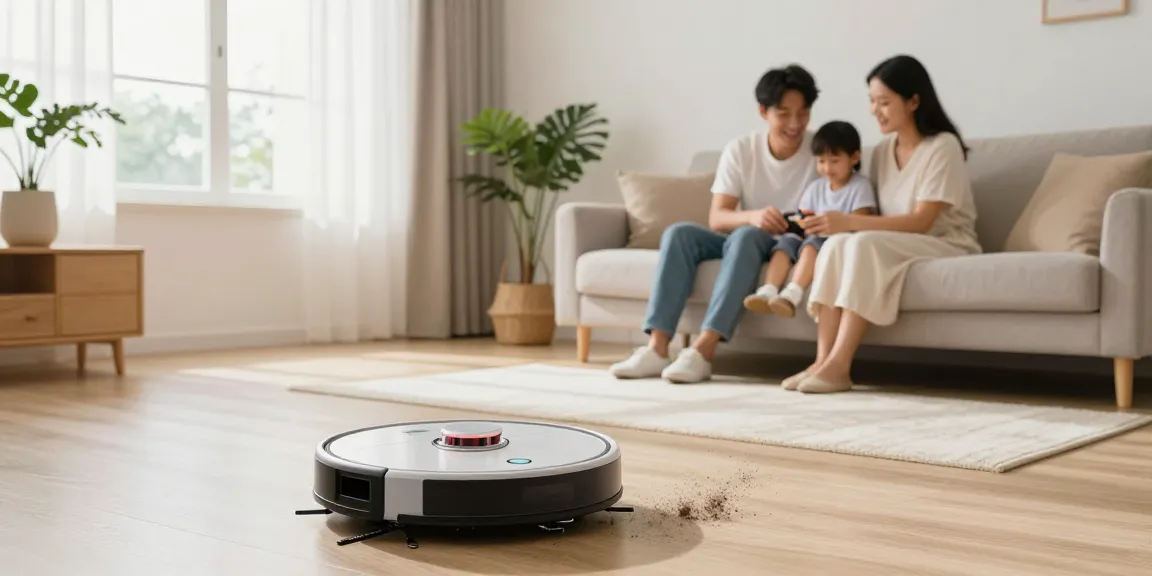 The best robot vacuum 2026 in action, seamlessly cleaning a stylish living room with happy family members.