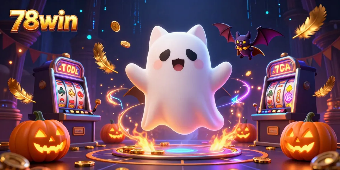 Engage with 78win's exhilarating gameplay as the ghost cat spins in a haunted casino filled with vibrant slot machines.
