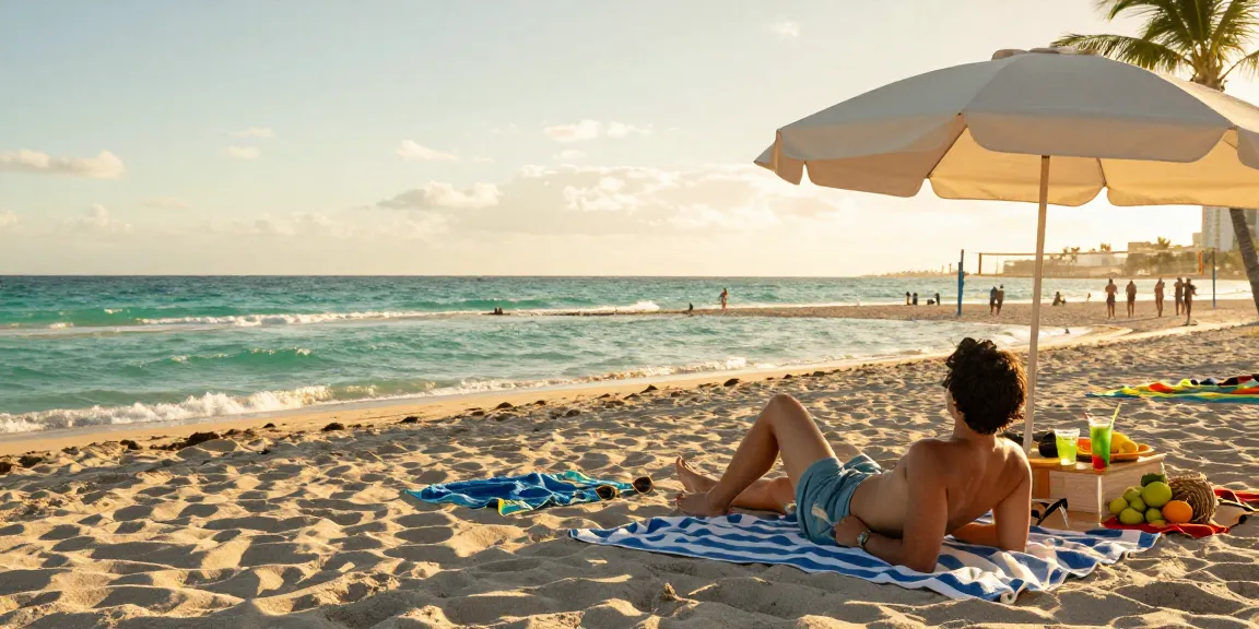 Pengunjung bersantai di pantai Miami saat golden hour, menikmati suasana indah di https://miami4d.com/.