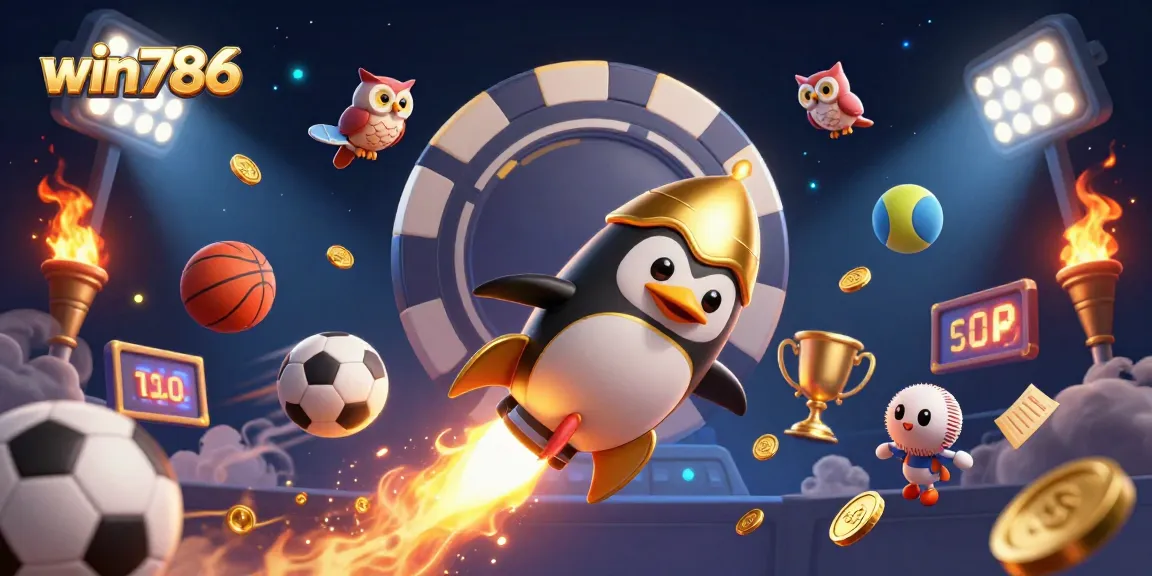 Win786 features a golden penguin heading for a casino space station amidst sports elements, enhancing the betting thrill.