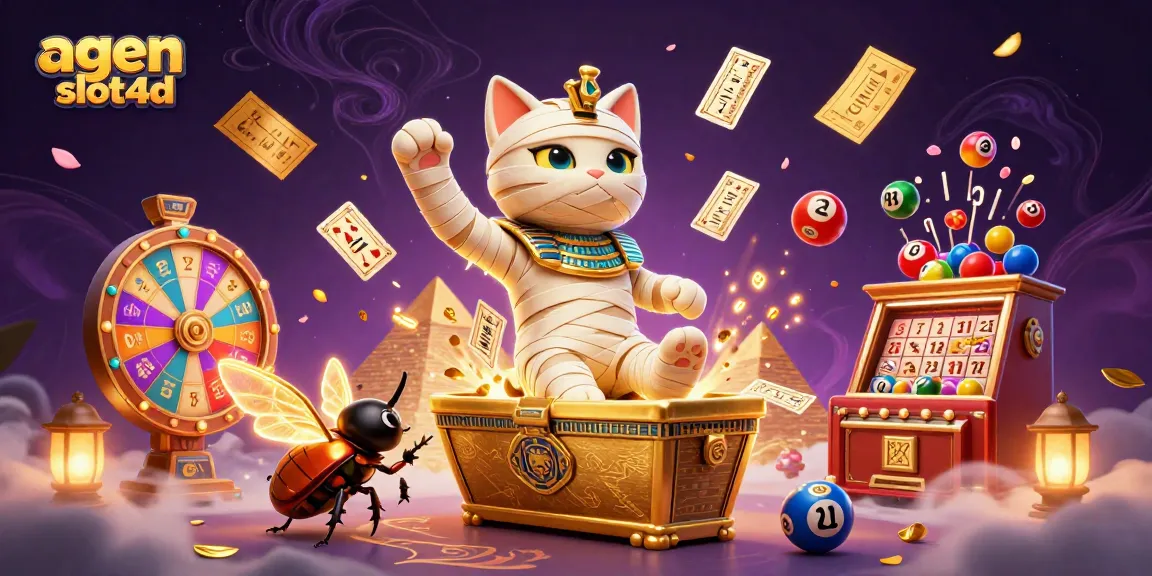 Engage with agen slot4d featuring an Egyptian mummy cat and vibrant casino symbols in dynamic illustration.