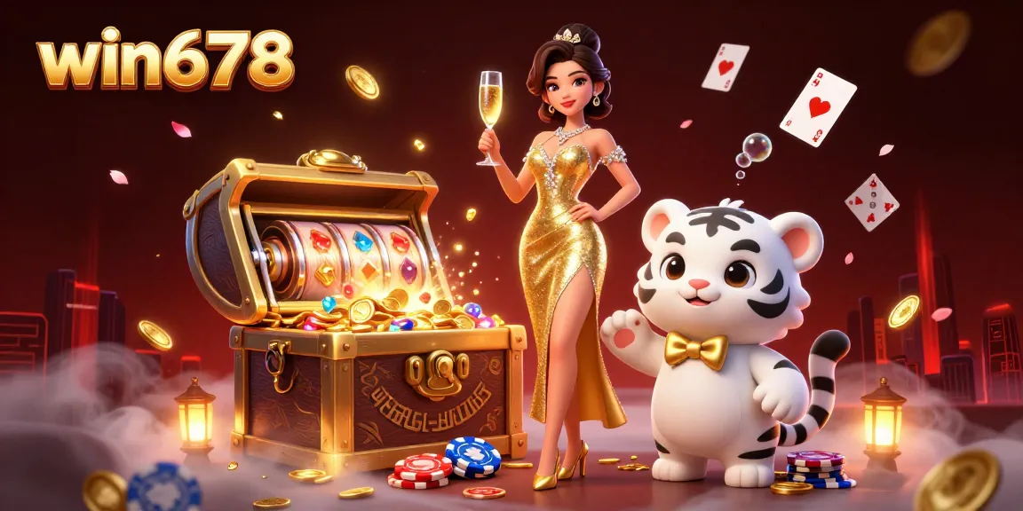 Win678's vibrant casino world featuring glamorous characters and dazzling game elements.
