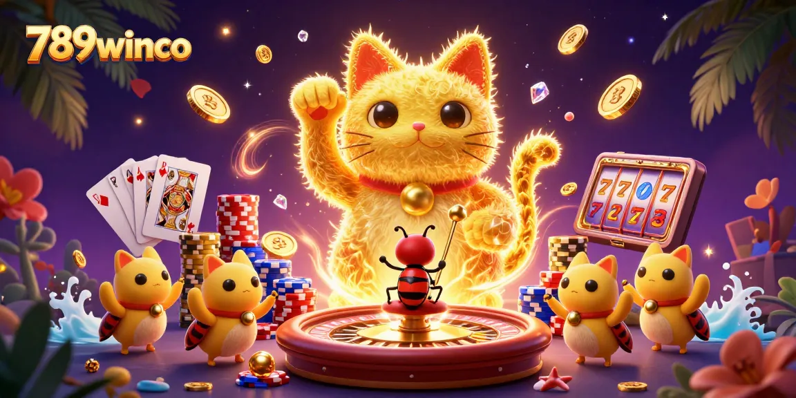 Experience the vibrant casino world with 789winco's lucky cat and cascading gems.