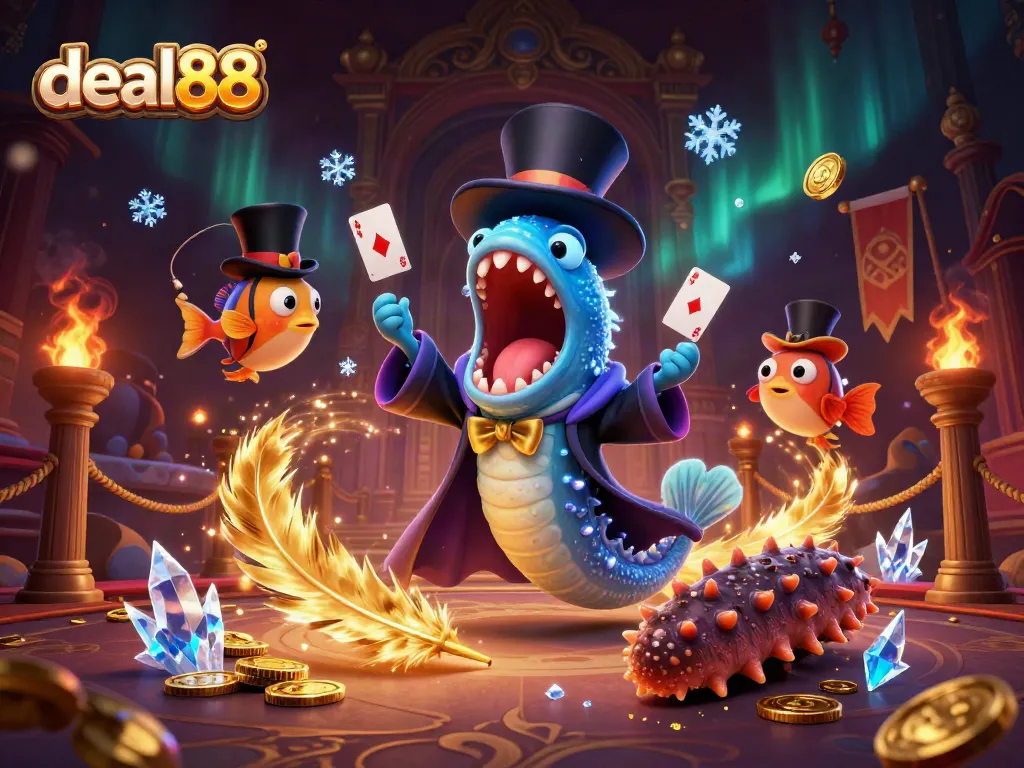 Engage with deal88's thrilling magic act featuring an eel, anglerfish, and sea cucumber in a rich casino setting.