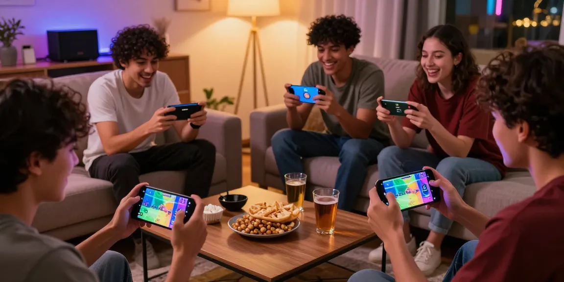 Tiranga Games session with friends enjoying mobile gaming and colorful graphics in a cozy setting.