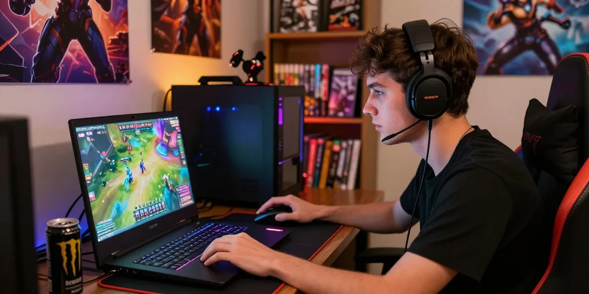 Intensely focused gamer playing sunwin on a vibrant laptop in an exciting gaming environment.