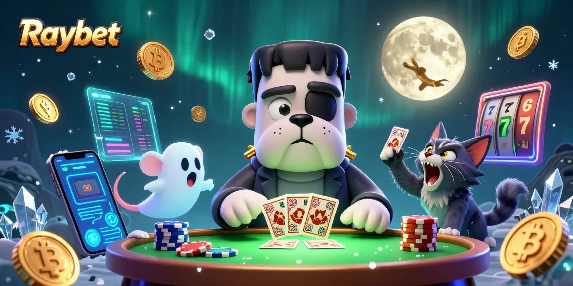 Win big at Raybet with a vibrant 3D illustration of a Frankenstein bulldog dealing cards.