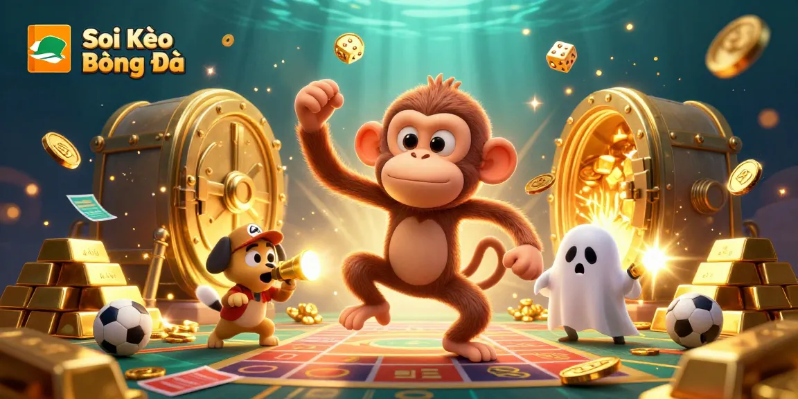 Soi Kèo Bóng Đá illustrated scene with a playful monkey and a ghost-hunter puppy in a lively sports betting environment