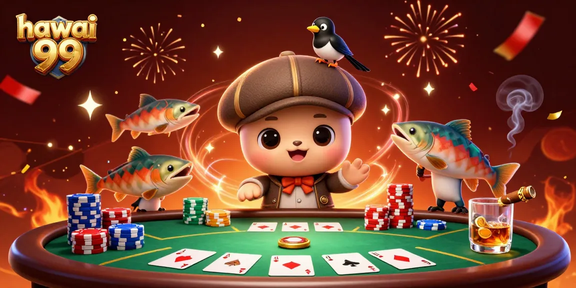 Experience the thrill of hawai 99 with Nessie and friends at an animated casino poker table.