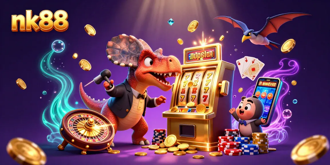Experience excitement with nk88 as cartoon dinosaurs collide with a golden slot machine!