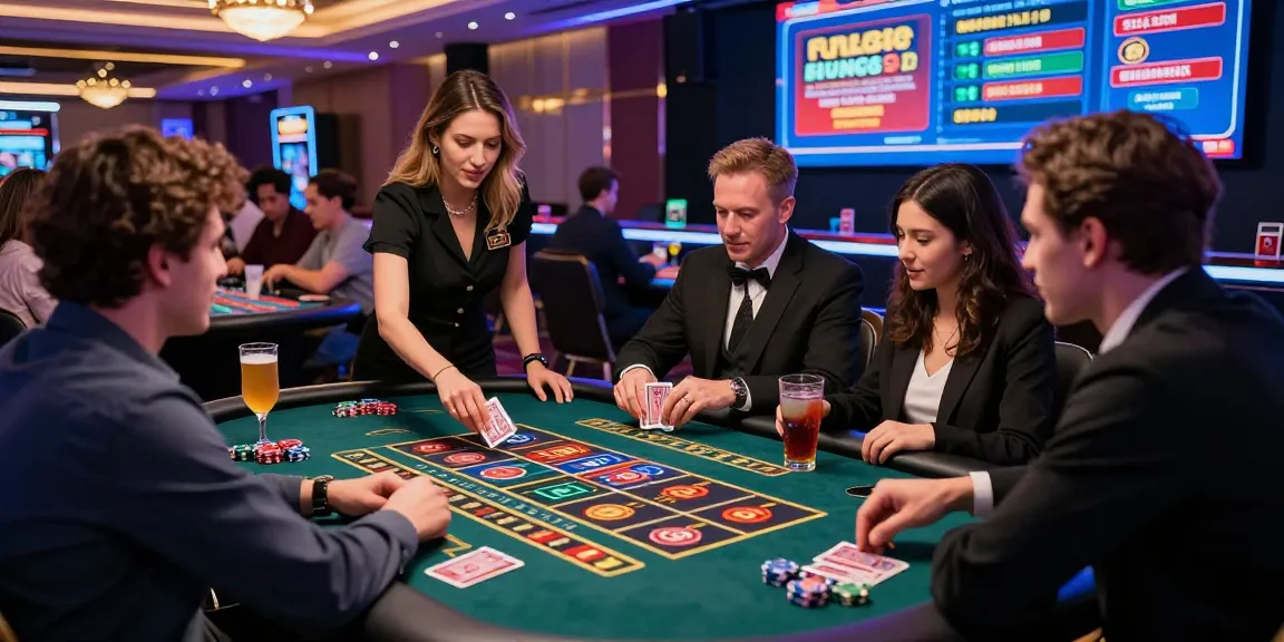 Exciting casino scene with friends gathering at gaming table studying ทางเข้าfun88 ล่าสุด ไม่โดนบล็อก under neon lights