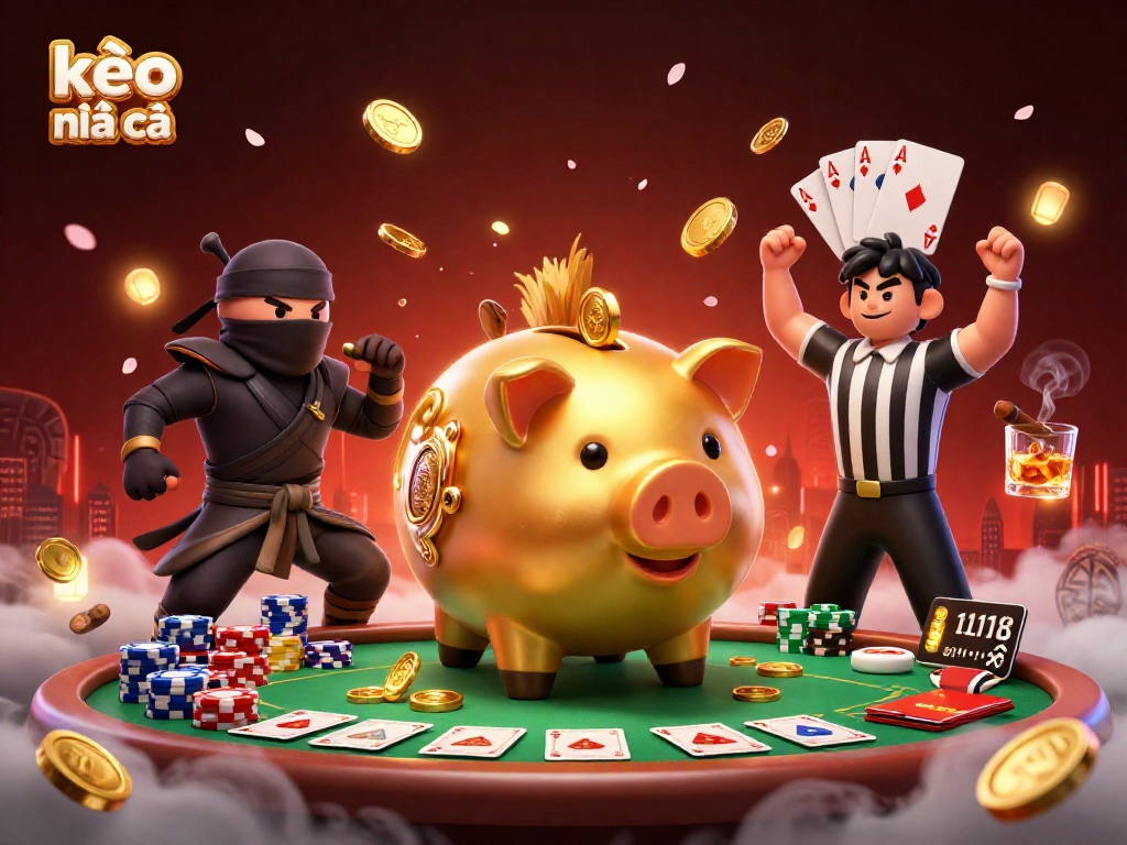 Engage with kèo nhà cái through dynamic scene depicting a piggy bank sumo wrestler and coins raining down.