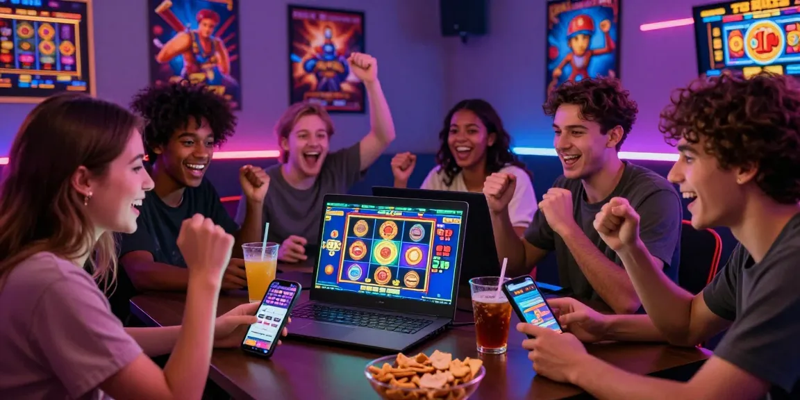 Slot jackpot permainan online dengan teman-teman merayakan kemenangan di meja yang penuh camilan.
