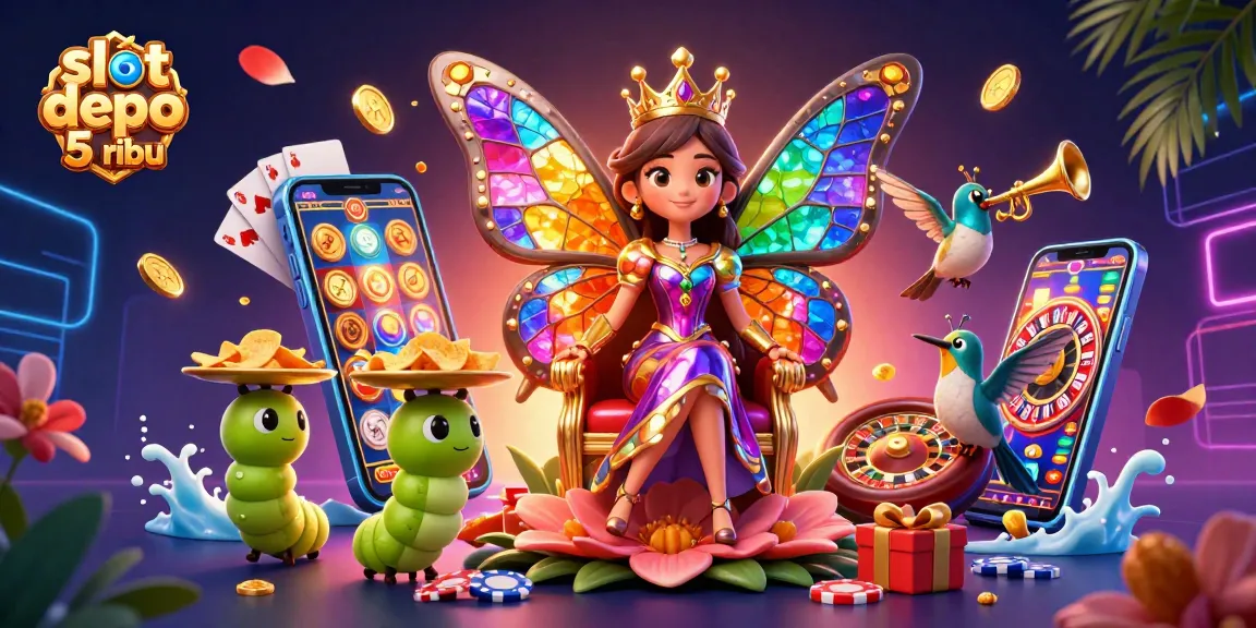 Engage with slot depo 5 ribu adventures as a butterfly queen oversees a vibrant casino world filled with spinning games and glowing treasures.