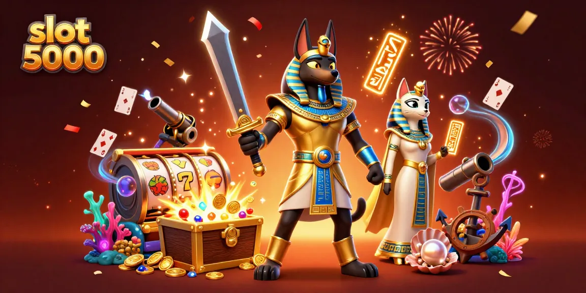 Permainan slot 5000 dengan pahlawan Anubis dan harta karun yang bersinar.