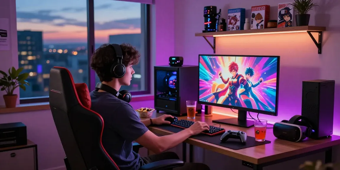 Player immersed in hentai games at home office with colorful LEDs and snacks.