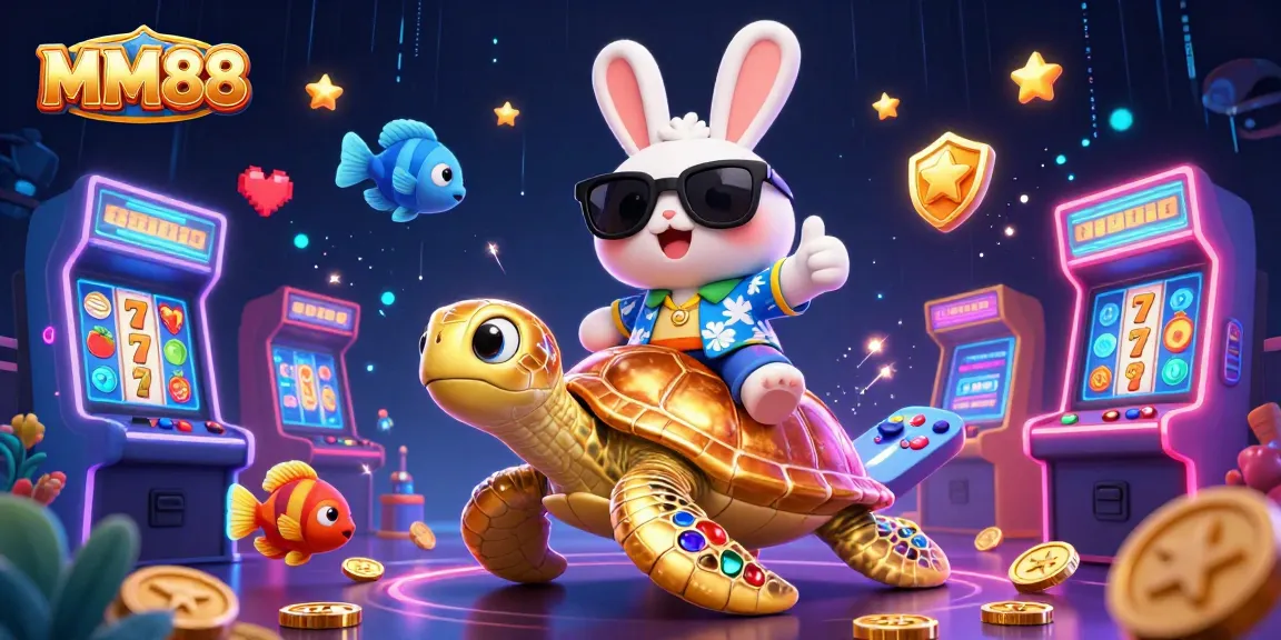Engage in exciting MM88 slots with a lucky rabbit and treasure-filled turtle in a vibrant casino scene.