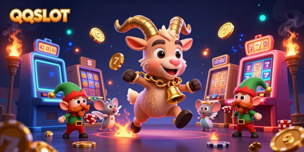 Experience the thrill of QQSLOT in a festive casino scene with avatars and colorful game elements.