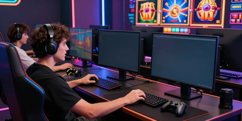 Player immersed in luxury111 slot games within a modern gaming setup, showcasing vibrant graphics and engaging atmosphere.