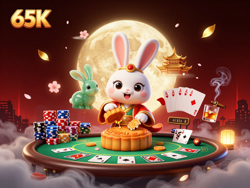 Aposte e ganhe com a magia do 65K ao lado do coelho da lua e fichas de poker em cena vibrante.