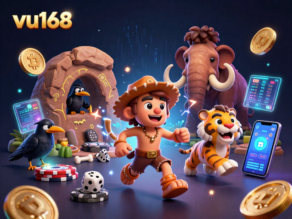 Experience engaging gameplay at vu168 with vibrant 3D characters and neon crypto elements in a dynamic casino.