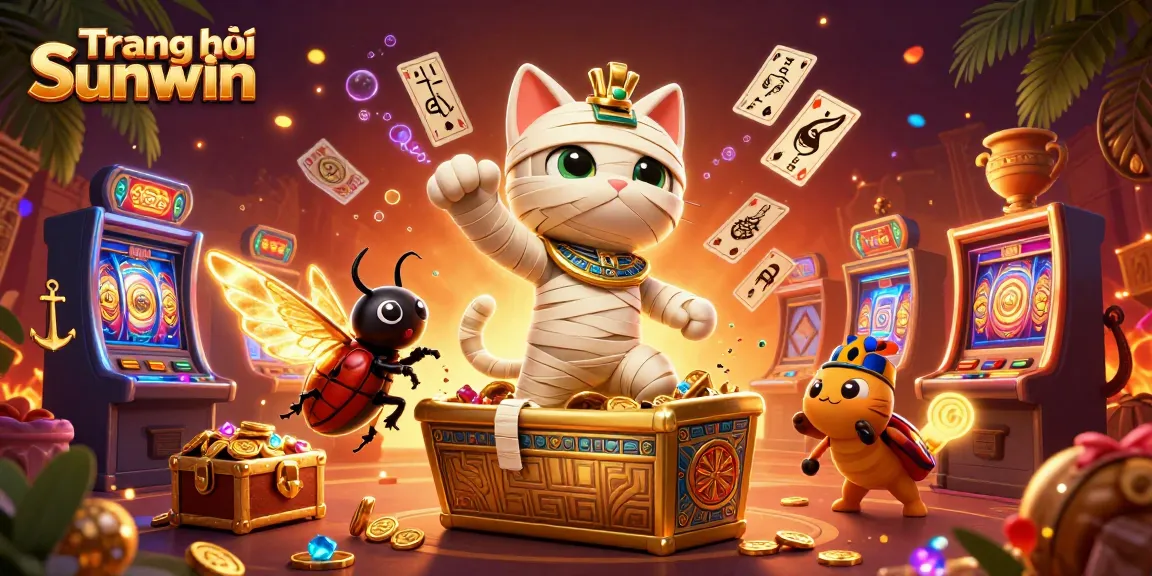 Engage with the dynamic scene of Trang chủ Sunwin, featuring vibrant slot machines and an Egyptian mummy cat.