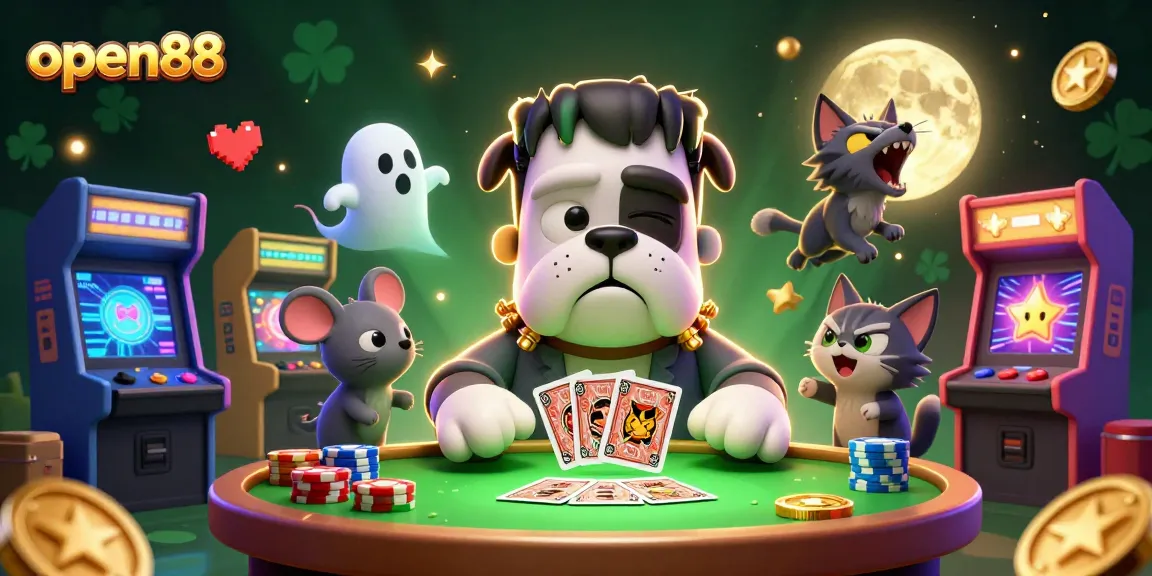 Engage in thrilling games at open88 with an exciting 3D casino scene featuring playful monsters and game elements.