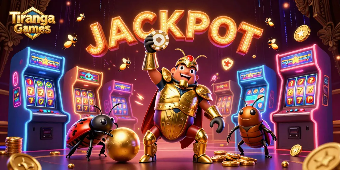 Tiranga Games showcases thrilling online casino action with cartoon beetles celebrating a jackpot.