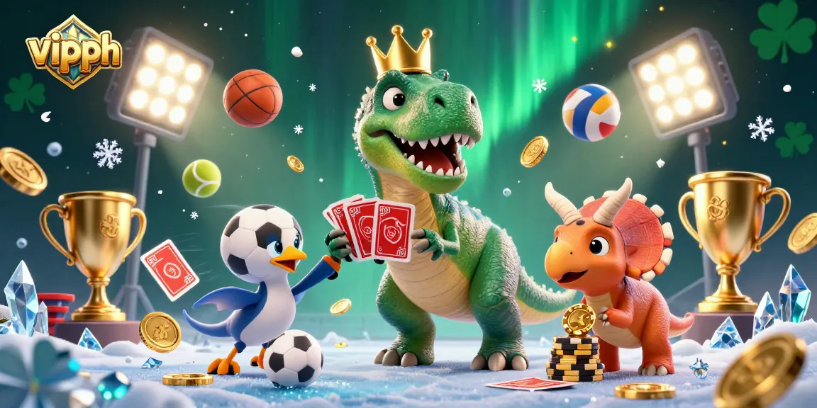 Experience the thrill of betting at vipph featuring a friendly T-Rex shuffling cards amidst sports balls and golden trophies.