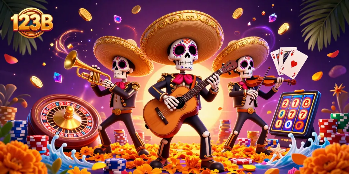 Experience thrilling wins at 123B Casino with skeleton mariachi band and dynamic game elements.