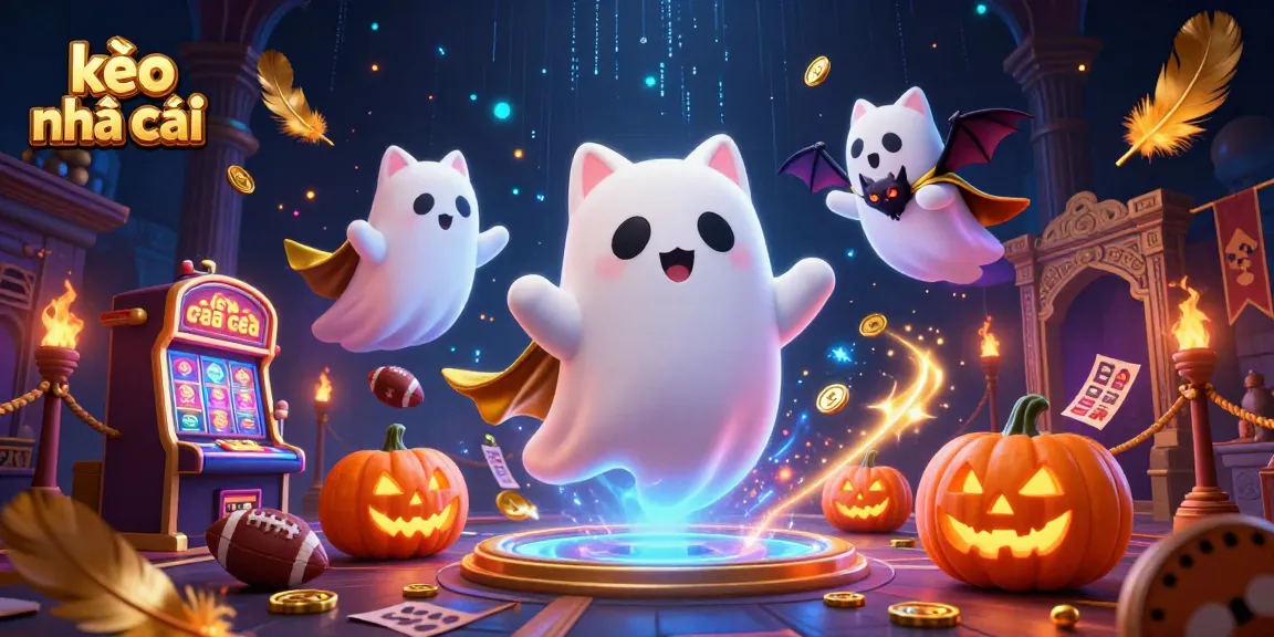 Engaging kèo nhà cái scene showcasing a friendly ghost cat in a haunted casino with sports elements.