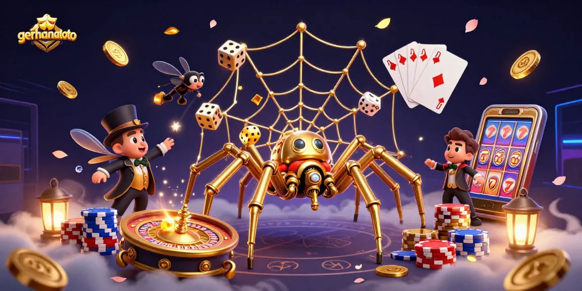 Menangkan permainan dengan gerhanatoto! Ilustrasi kasinonya menampilkan berbagai elemen menarik seperti koin emas dan chip poker.