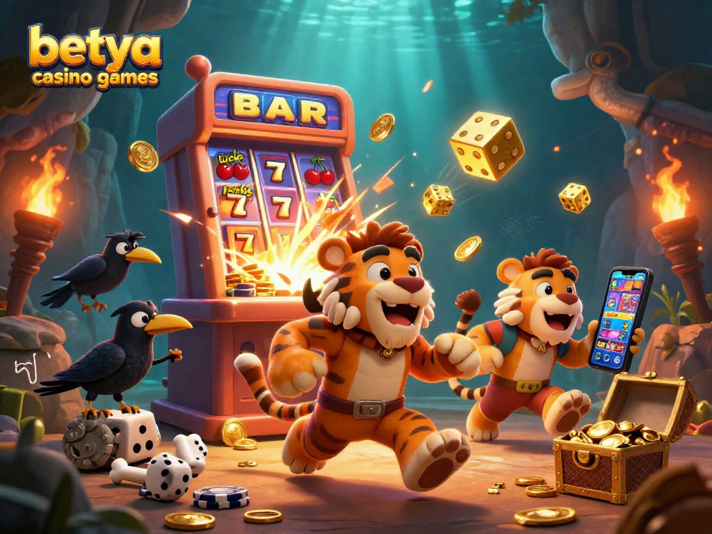 Experience exciting betya casino games with colorful characters in a prehistoric gambling scene.