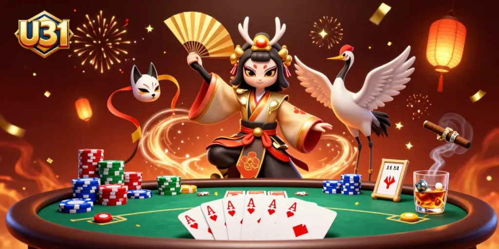 Experience U31 at this vibrant casino illustration featuring a kabuki warrior, poker elements, and exciting atmosphere.
