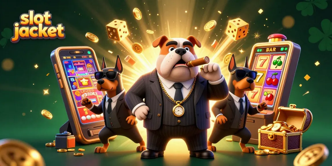 Menangkan slot jackpot dengan bulldog mafia dan penjaga Doberman, dikelilingi mesin slot 3D yang berkilauan.