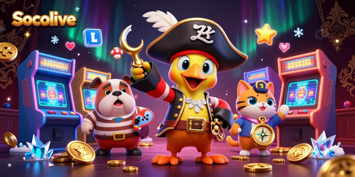 Socolive brings excitement with imaginative pirate characters amidst vibrant gaming elements and sparkling effects.