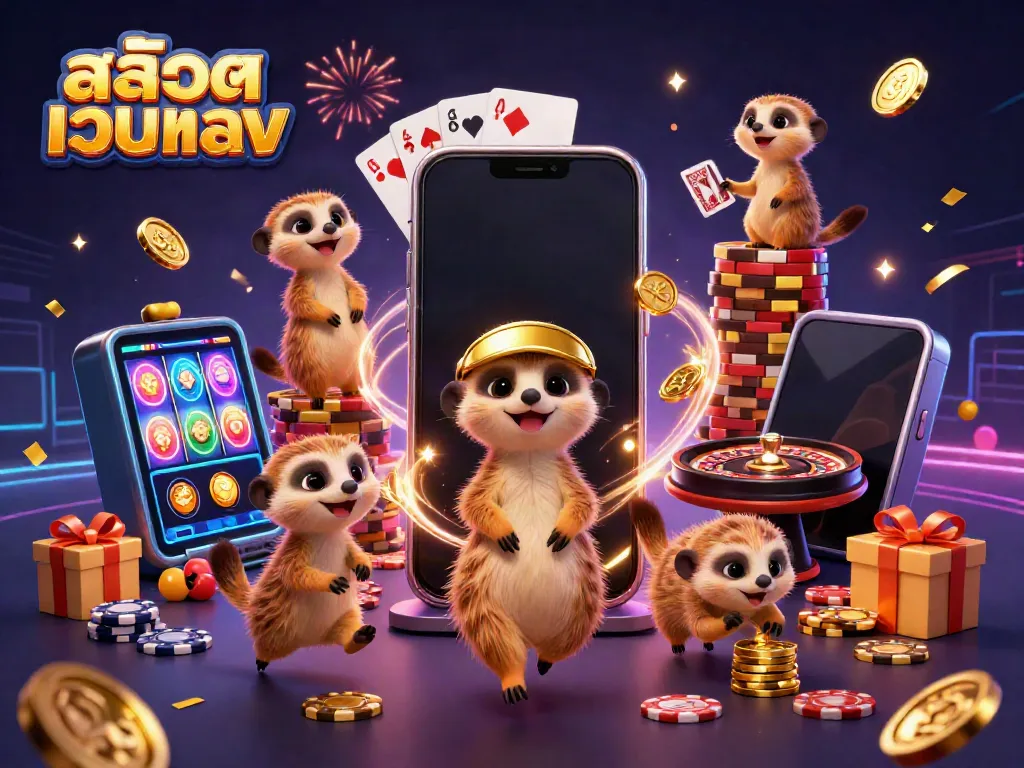 Engaging scene of cartoon meerkats operating a casino with slot games and chips, incorporating สล็อตเว็บตรง.