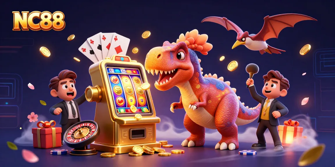 NC88 jackpot scene with dynamic cartoon characters and casino elements for vibrant gambling excitement.