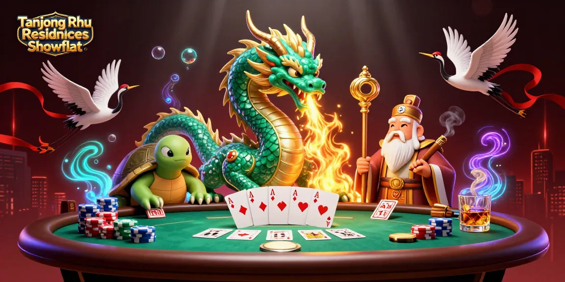 Tanjong Rhu Residences Showflat menampilkan makhluk mitologis seperti naga zamrud dan penyu bijak di meja poker dengan suasana kasin yang mengasyikkan.