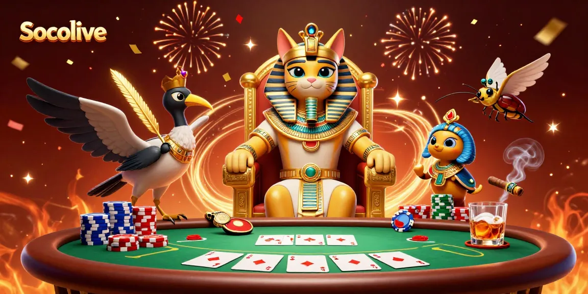 Socolive offers an engaging gambling experience with a vibrant scene of pharaoh cat and scribe amidst poker action.