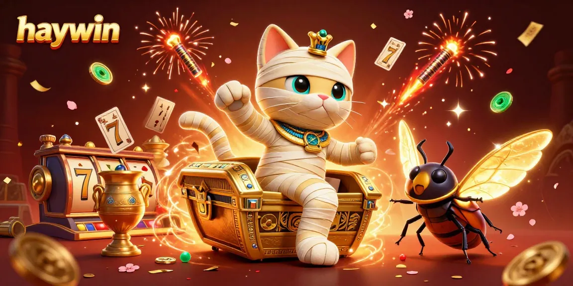 Experience thrilling casino action with haywin featuring an Egyptian mummy cat and gold elements.