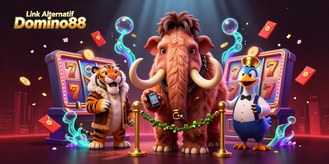 Engage with Link Alternatif Domino88 as the casino bouncer, featuring lively characters amidst dynamic slot game elements.