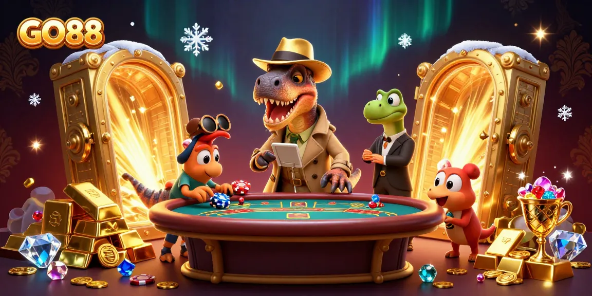 GO88 - Engage in thrilling blackjack with a velociraptor card counter and treasure elements in a vibrant scene.