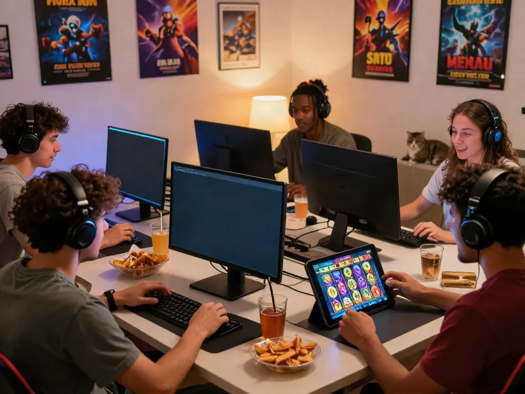 Exciting ทดลองสล็อต gameplay session with diverse players celebrating wins in a cozy gaming setup.