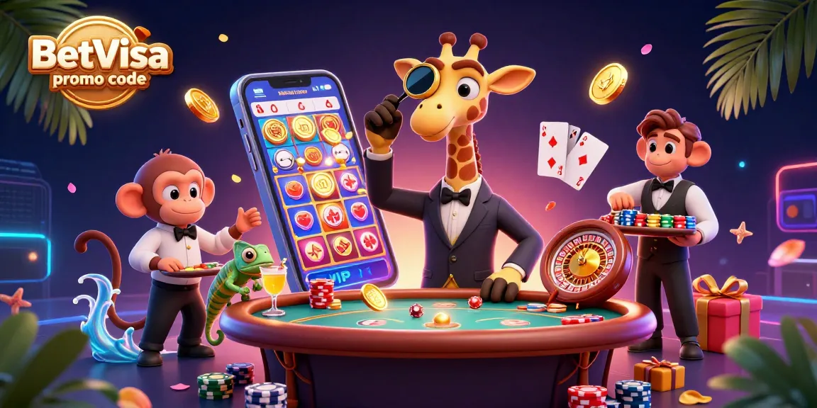 Play and win with BetVisa promo code in this vibrant casino scene filled with excitement and colorful elements.