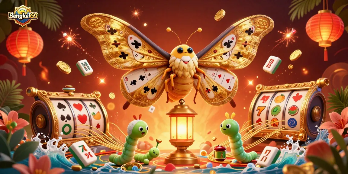 Bengkel69 engages players with an enchanting scene of vibrant slot reels and a majestic moth, embodying online casino excitement.