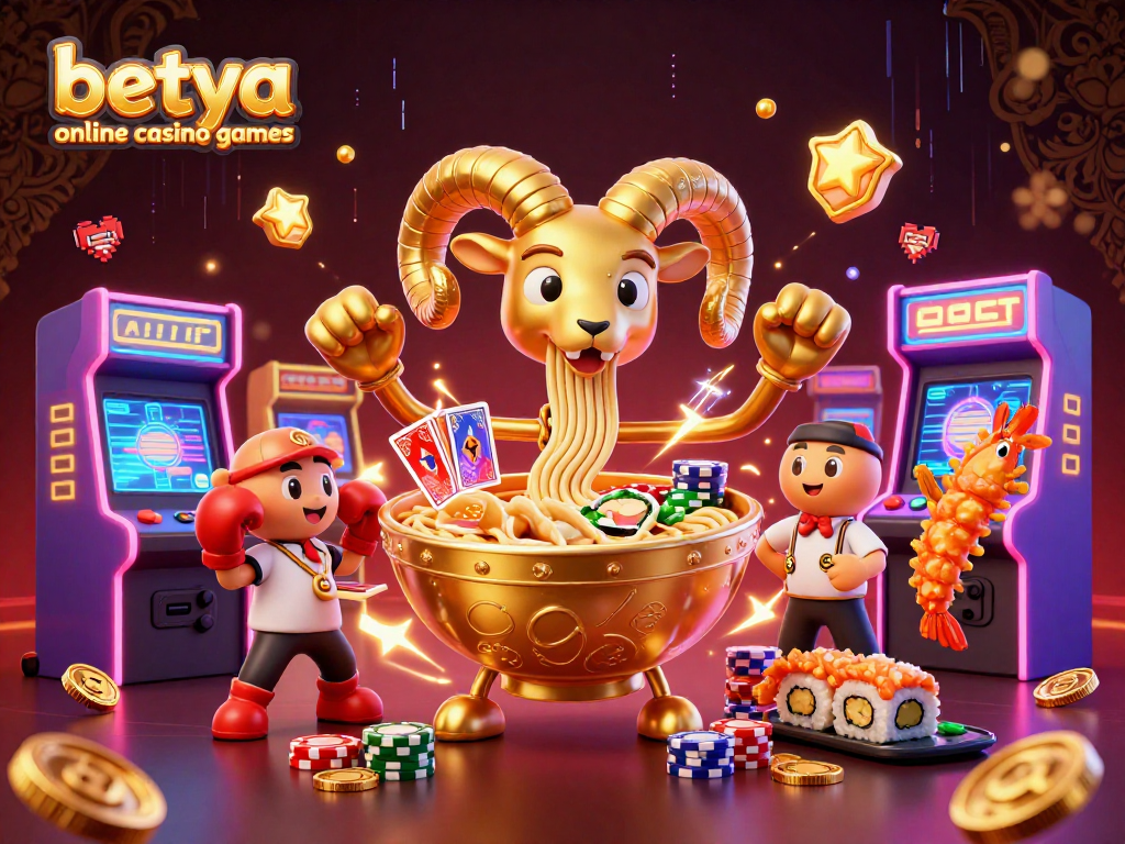 Experience excitement with betya online casino games as a giant ramen bowl showcases colorful arcade action.