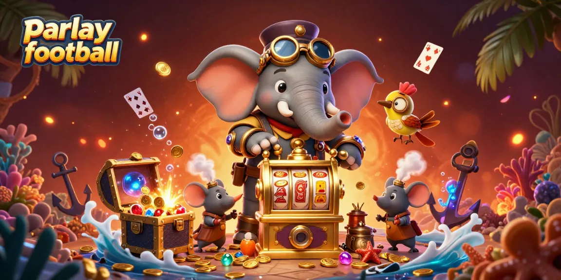Engage with parlay football action featuring a steampunk elephant operating a golden slot machine.